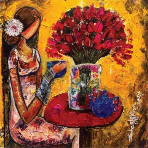 Shazly Khan, Morning Tea With Fresh Flowers Makes My Day, 20 x 20 Inch, Acrylic on Canvas, Figurative Paintings, AC-SZK-094